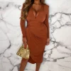 Women ANGEL EYE Summer Dresses<Chasing Romance Rust Long Sleeve Ruched Midi Dress