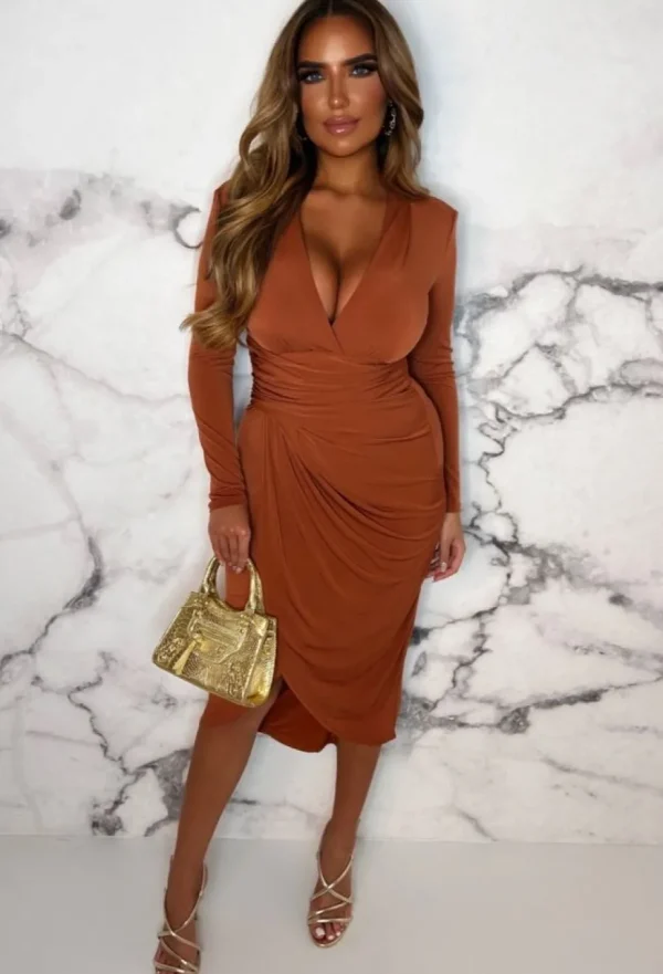 Women ANGEL EYE Summer Dresses<Chasing Romance Rust Long Sleeve Ruched Midi Dress