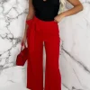 Women SOFT TOUCH Trousers & Leggings<Chic Couture Red Belted Wide Leg Trousers