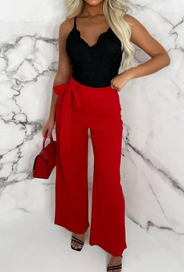 Women SOFT TOUCH Trousers & Leggings<Chic Couture Red Belted Wide Leg Trousers