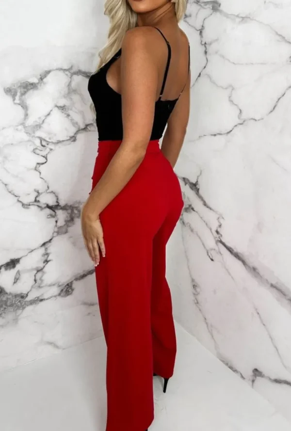 Women SOFT TOUCH Trousers & Leggings<Chic Couture Red Belted Wide Leg Trousers