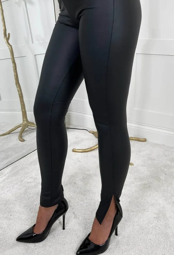 Women LEA MODE Trousers & Leggings<Chic Illusion Black Faux Leather Side Slit Stretch Leggings