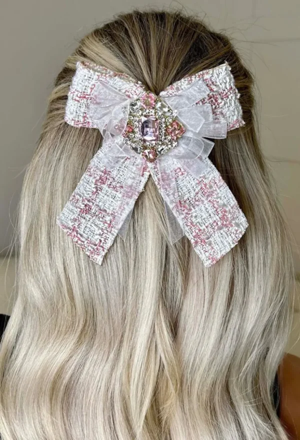 Women GO TOGETHER Hair Accessories<Chic Soiree Pink Tweed Diamond Embellished Hair Clip And Brooch