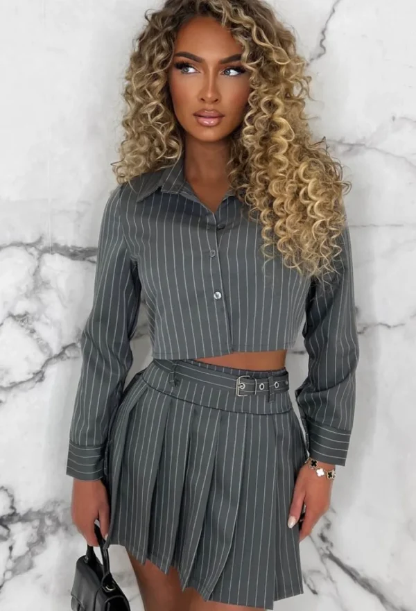 Women INFINITY Co-Ords<City Slay Grey Pleated Skirt Pinstripe Co-Ord Outfit Set