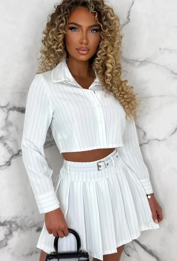 Women INFINITY Co-Ords<City Slay Monochrome Pleated Skirt Pinstripe Co-Ord Oufit Set