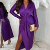 Women INFINITY Dresses<Cocktail Chic Purple Stretch Long Sleeve Plunge Ruched Midi Dress