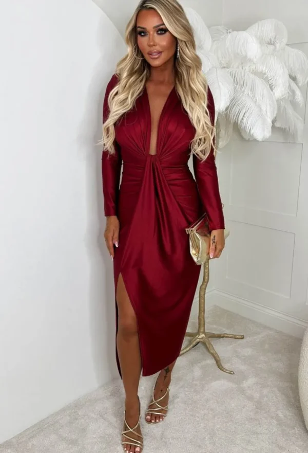 Women INFINITY Dresses<Cocktail Chic Red Stretch Long Sleeve Plunge Ruched Midi Dress