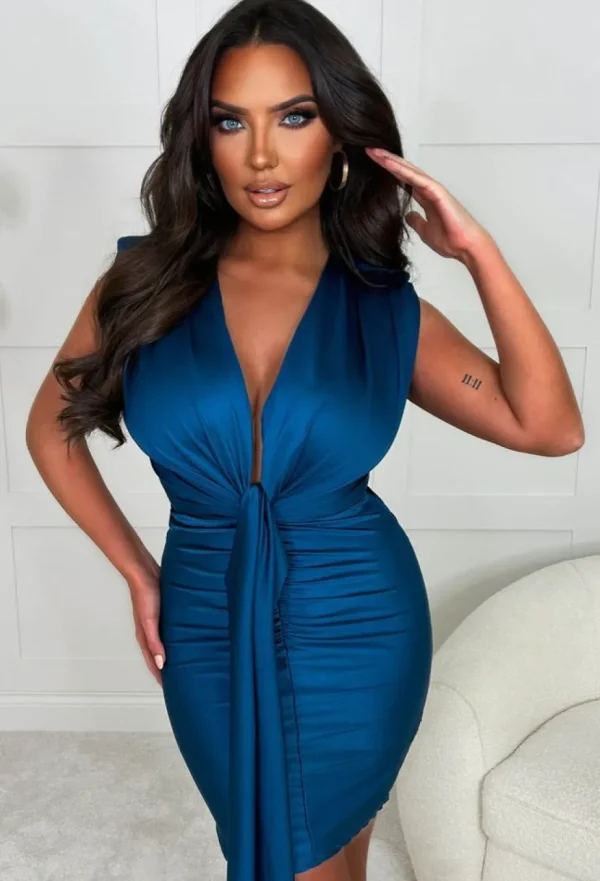 Women INFINITY Dresses<Cocktail Girl Teal Stretch Plunge Ruched Drape Detail Mini Dress