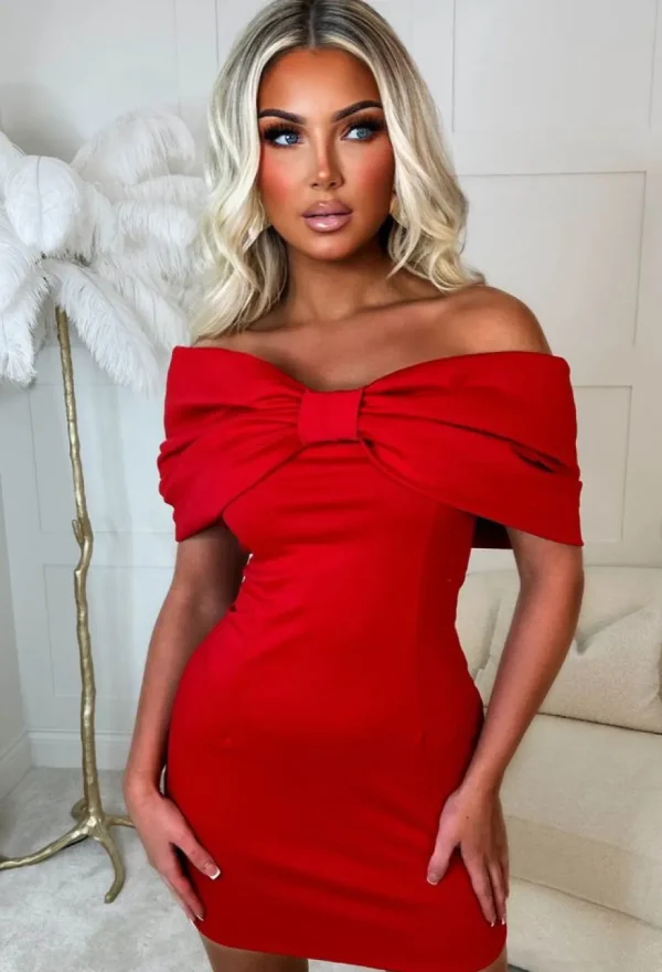 Women INSTA GIRL Dresses<Cocktail Glam Red Bardot Bow Mini Dress