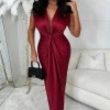 Women INFINITY Dresses<Cocktail Hour Red Stretch Sleeveless Plunge Ruched Midi Dress