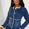 Women FABS FASHION Denim<Coco Babe Mid Blue Denim Cropped Collarless Jacket