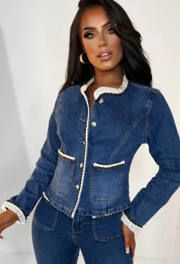 Women FABS FASHION Denim<Coco Babe Mid Blue Denim Cropped Collarless Jacket