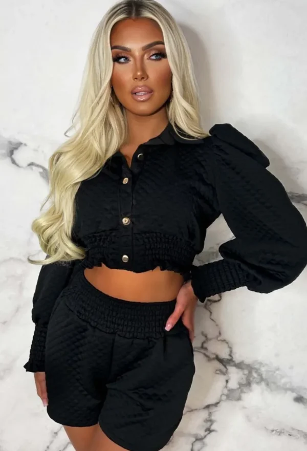 Women INSTA GIRL Co-Ords<Coco Cute Black Stretch Quilted Button Puff Sleeve Short Co-Ord Set