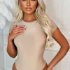 Women SOFT TOUCH Bodysuits<Cool Attire Beige Round Neck Stretch Short Sleeve Bodysuit