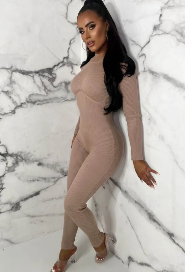 Women GOLDEN DAYS Loungewear<Cosy Illusion Taupe Knitted Rib Enhancing Zip Back Jumpsuit Limited Edition