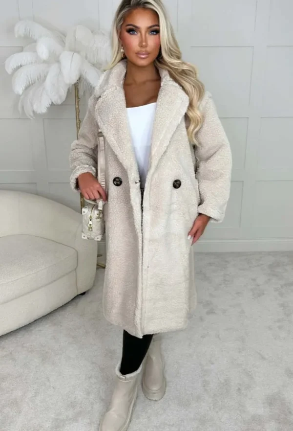 Women LEA MODE Coats And Jackets<Cosy In The City Beige Double Breasted Teddy Coat