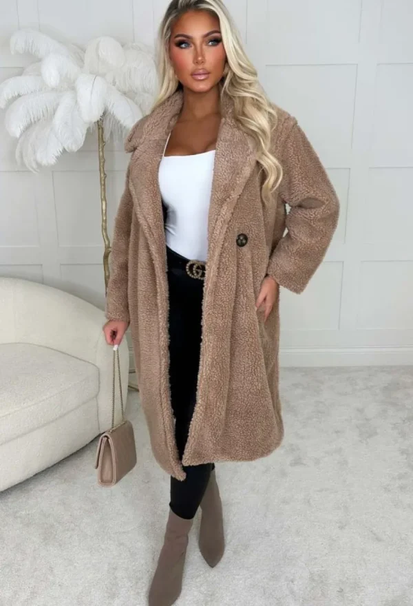 Women LEA MODE Coats And Jackets<Cosy In The City Camel Double Breasted Teddy Coat