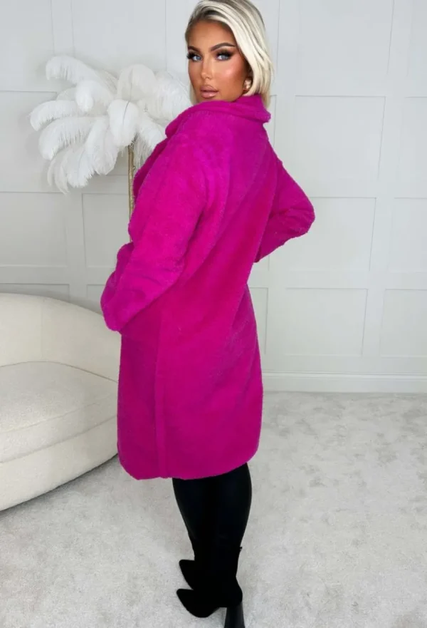 Women LEA MODE Coats And Jackets<Cosy In The City Hot Pink Double Breasted Teddy Coat