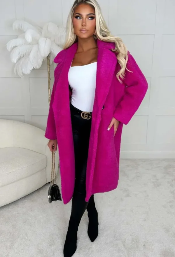 Women LEA MODE Coats And Jackets<Cosy In The City Hot Pink Double Breasted Teddy Coat