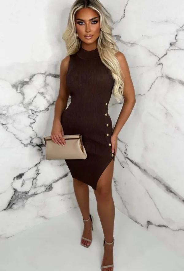 Women GIORGIA Dresses<Couture Luxury Chocolate Brown Gold Button Sleeveless Ribbed Midi Dress