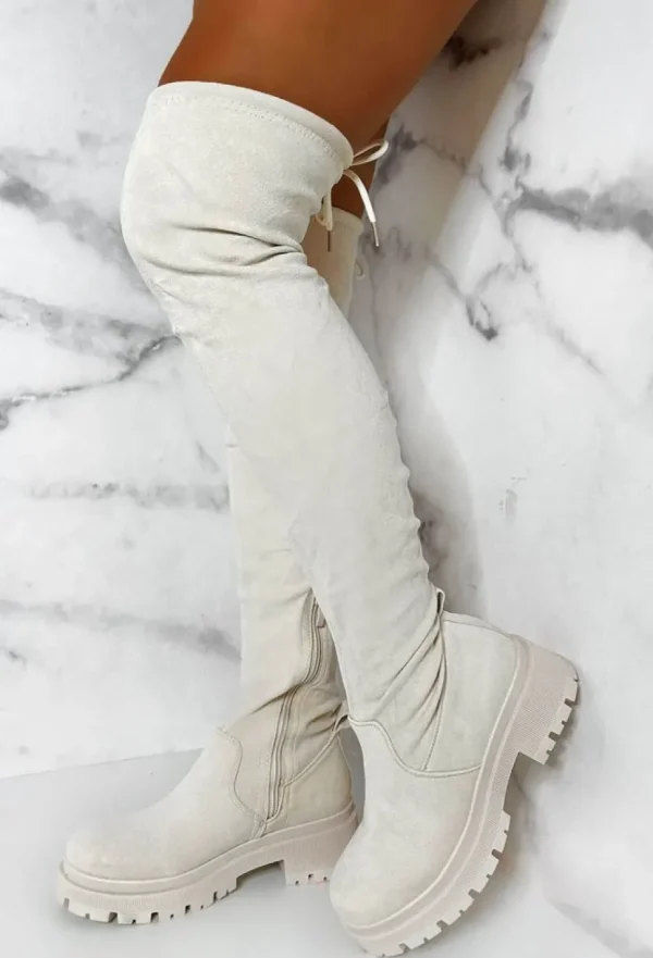 Women EWANYE Boots<Cream Dream Cream Faux Suede Flat Over The Knee Boots Limited Edition