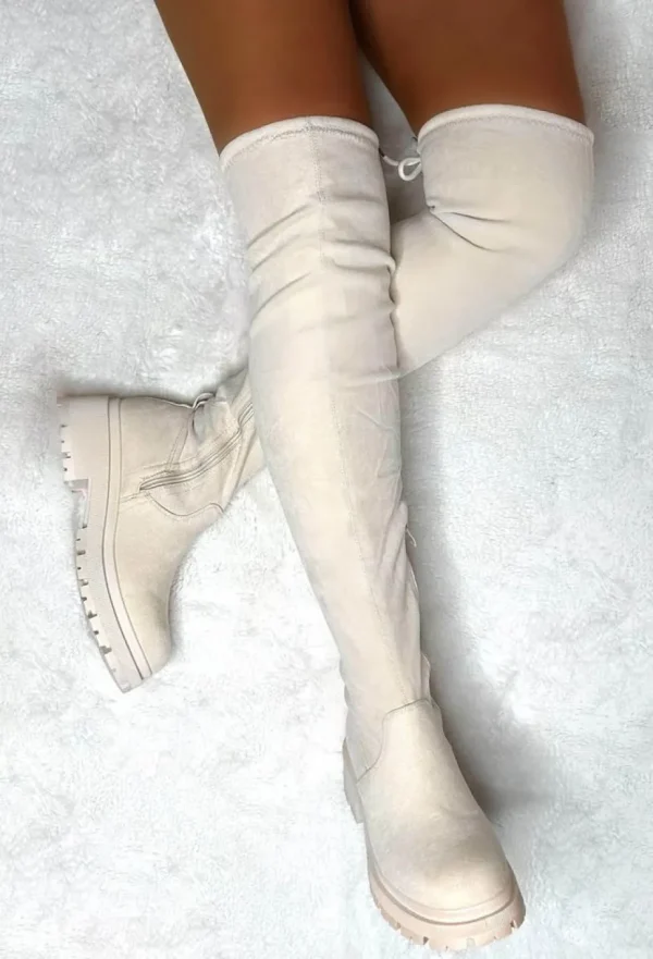 Women EWANYE Boots<Cream Dream Cream Faux Suede Flat Over The Knee Boots Limited Edition