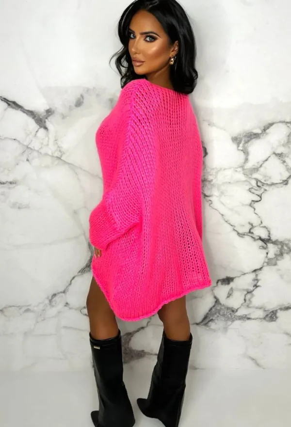 Women MIA FASHIONS Knitwear<Creme De La Chic Hot Pink Ultra Soft Chunky Knit Oversized Jumper