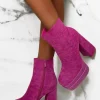 Women IDEAL SHOES Boots<Crushing Hot Pink Faux Suede Platform Block Heel Boots Limited Edition