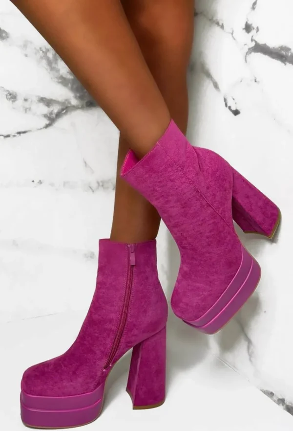 Women IDEAL SHOES Boots<Crushing Hot Pink Faux Suede Platform Block Heel Boots Limited Edition