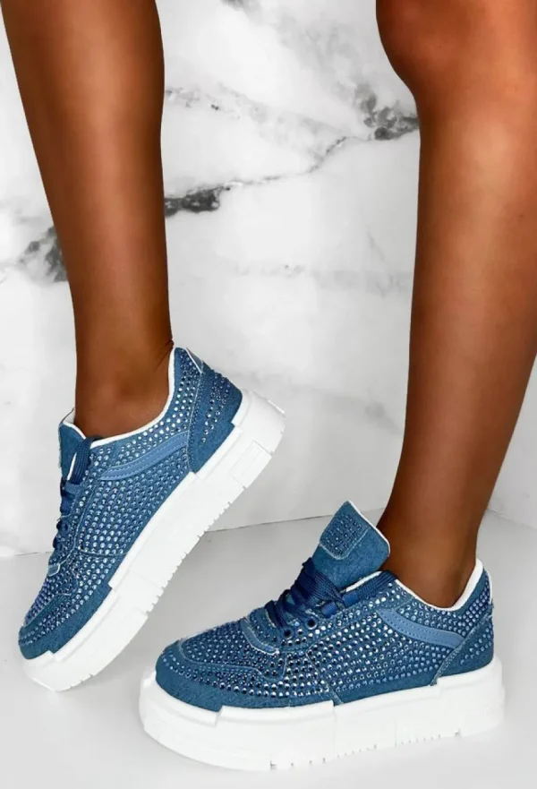 Women IDEAL SHOES Trainers<Crystal Couture Mid Blue Denim Diamante Embellished Trainers Limited Edition