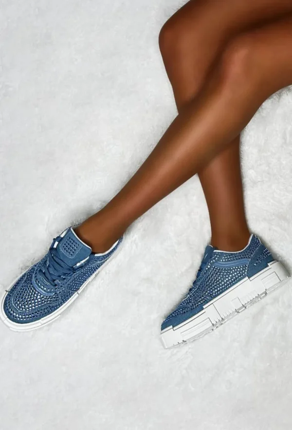 Women IDEAL SHOES Trainers<Crystal Couture Mid Blue Denim Diamante Embellished Trainers Limited Edition