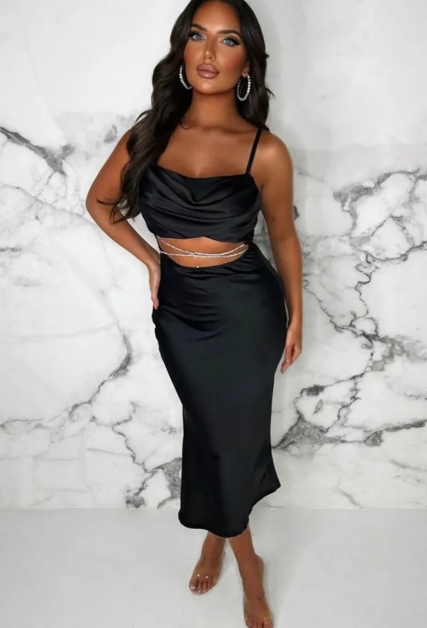 Women INFINITY Dresses<Dazzled In Diamonds Black Stretch Back Satin Cut Out Diamante Belted Midi Dress