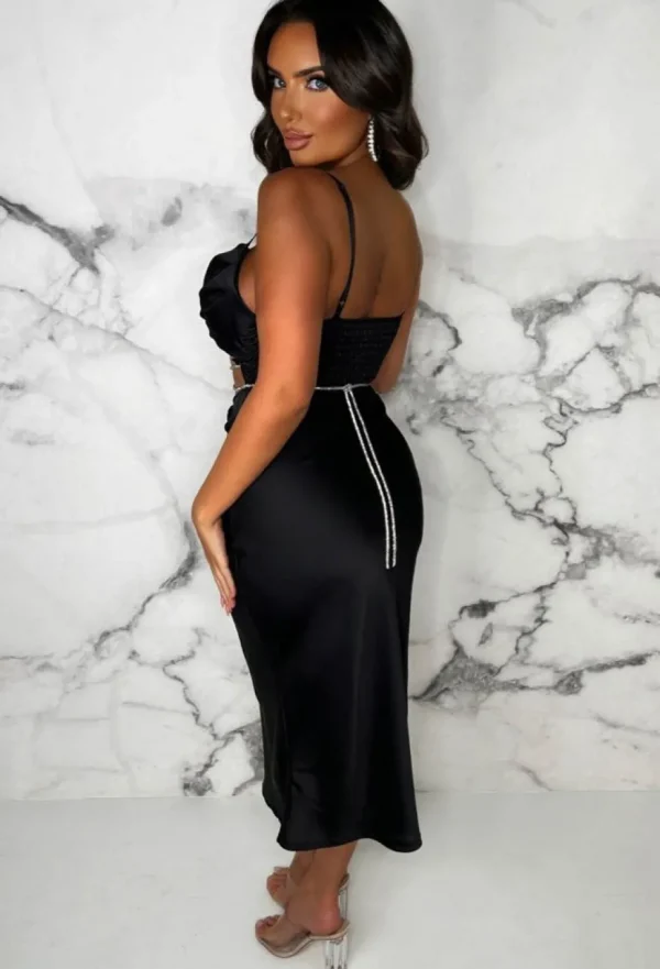 Women INFINITY Dresses<Dazzled In Diamonds Black Stretch Back Satin Cut Out Diamante Belted Midi Dress