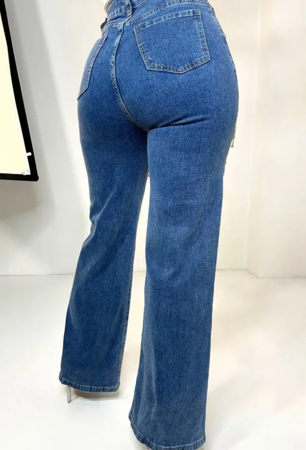 Women FLAM MODE Jeans<Dazzling Design Mid Blue Stretch Diamante Slashed Detail Wide Leg Jeans