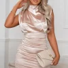 Women MY QUEEN Dresses<Deluxe Desire Champagne Stretch Satin Ruched High Neck Dress