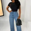 Women STYLEWISE Jeans<Denim Daze Mid Blue Wide Leg Jeans With Elasticated Back Waistband