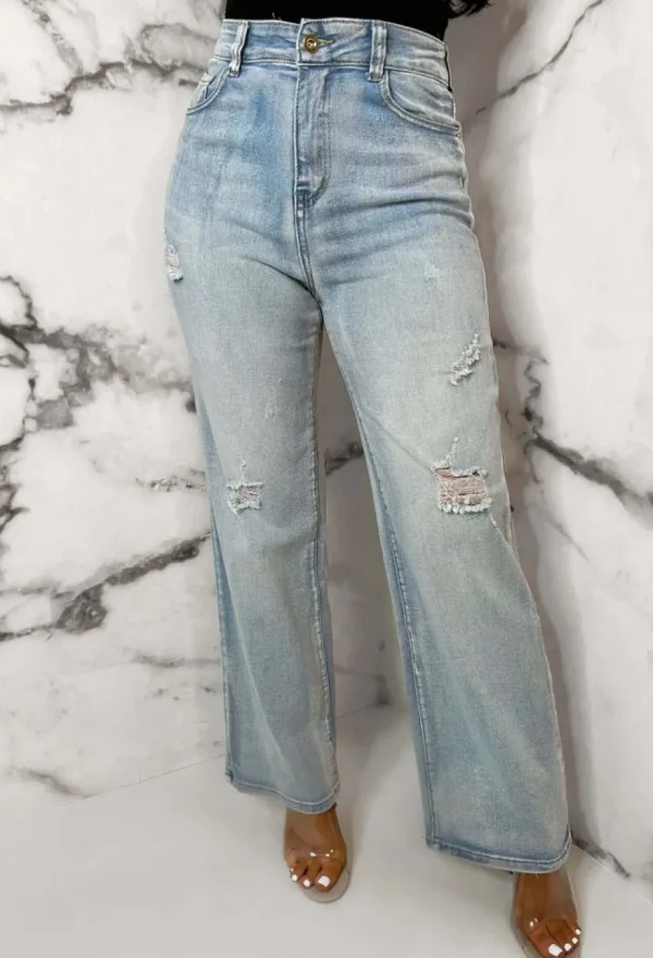 Women FABS FASHION Denim<Denim Escape Light Blue Stretch Wide Leg Distressed Jeans