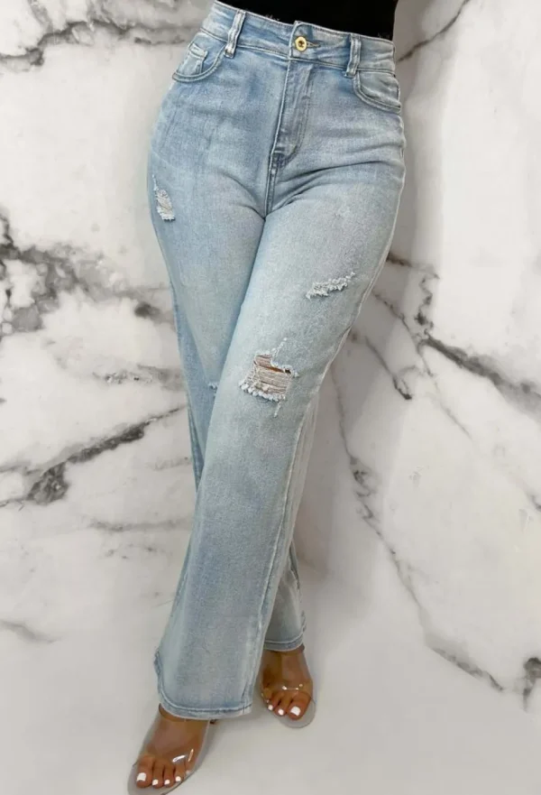 Women FABS FASHION Denim<Denim Escape Light Blue Stretch Wide Leg Distressed Jeans