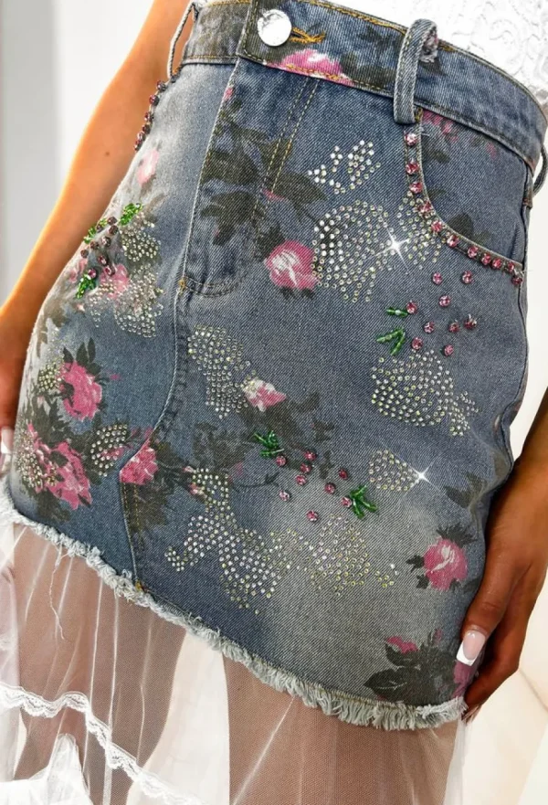 Women FLAM MODE Skirts<Denim Illusion Mid Blue Rose Printed Denim & Layered Mesh Skirt