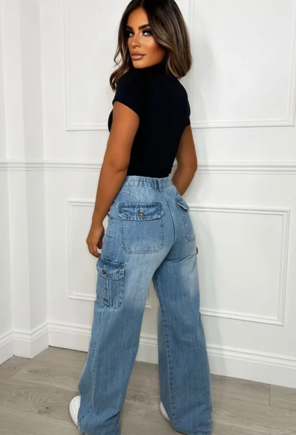 Women STYLEWISE Jeans<Denim Revolution Mid Blue Cargo Denim Wide Leg Stretch Jeans