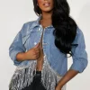 Women FABS FASHION Denim<Denim Shimmy Mid Blue Denim Jacket With Sequin Tassel Detail