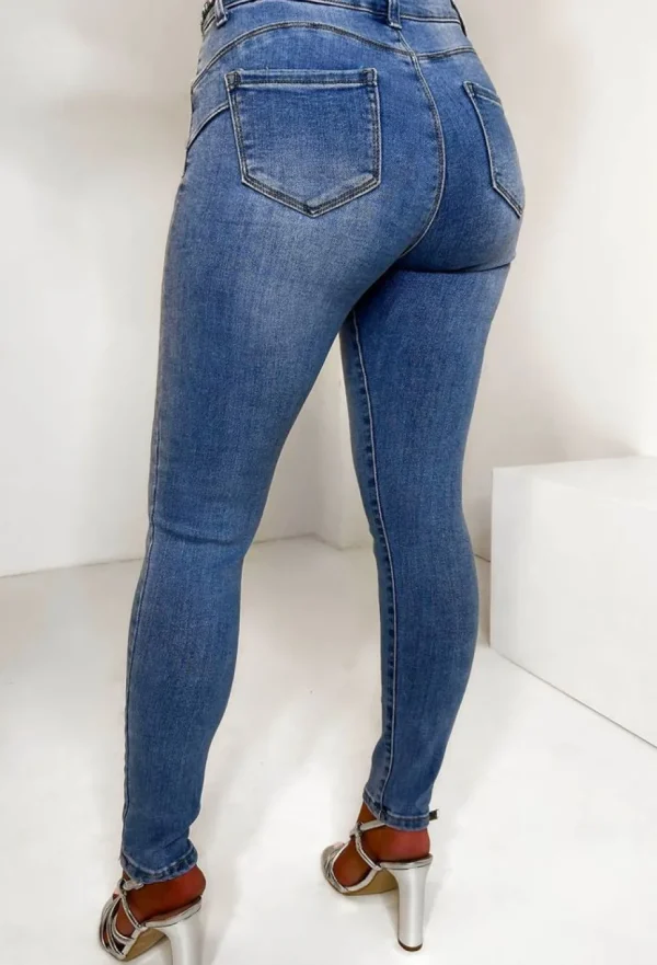 Women FABS FASHION Jeans<Diamond Illusion Mid Blue Diamante Waistband Stretch Push Up Skinny Jeans