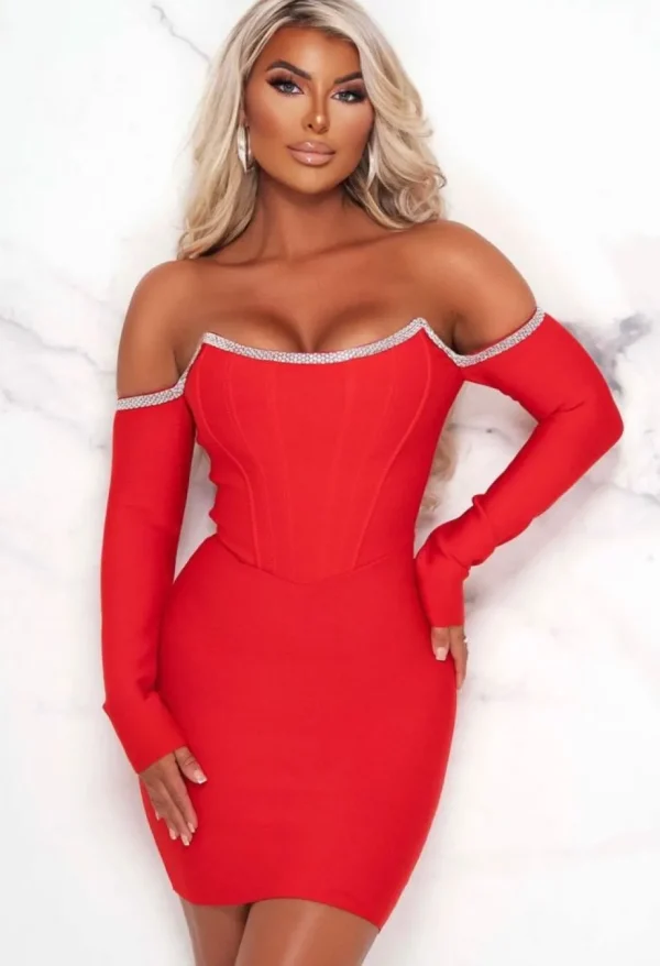 Women FP u0026 CO Bandage<Diva Style Red Diamante Trim Corset Bandage Dress