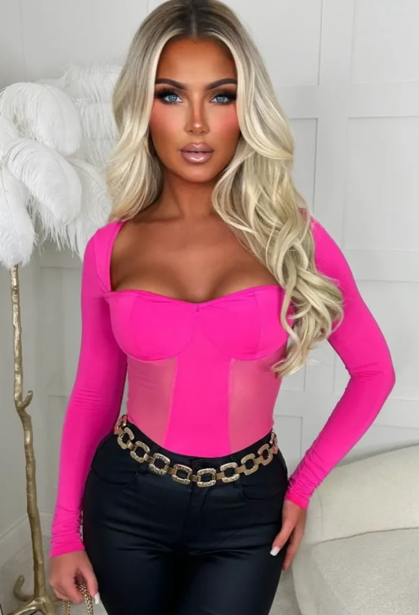 Women CHERRY KOKO Bodysuits<Don'T Tempt Me Hot Pink Ultra Stretch Mesh Panel Bodysuit