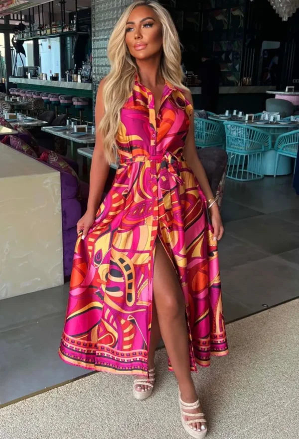 Women VJK Dresses<Dubai Luxury Pink Satin Printed Maxi Dress