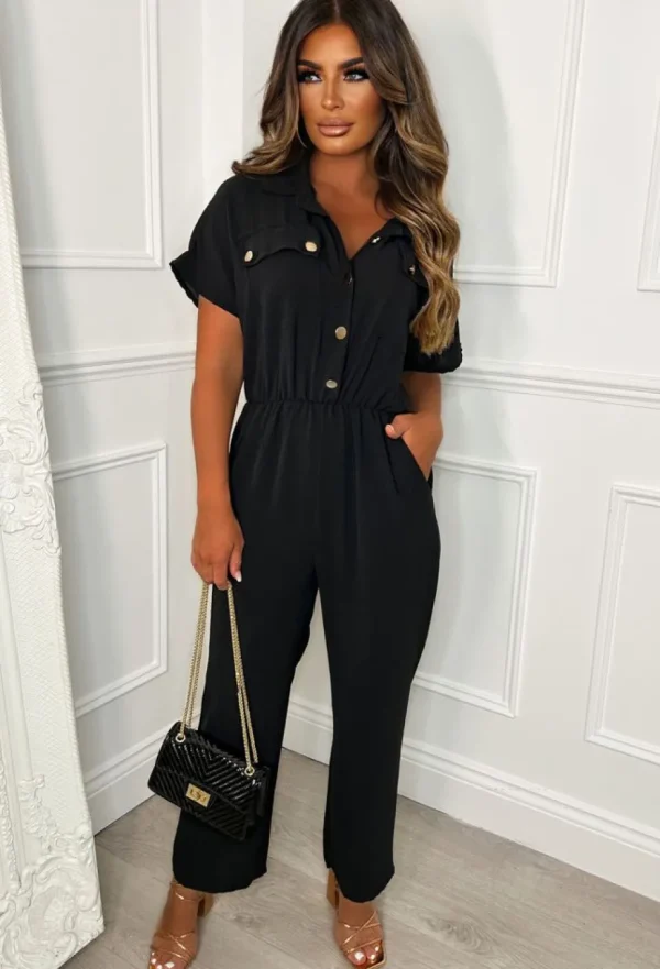 Women BE YOU Jumpsuits<Elegant Babes Black Button Detail Jumpsuit