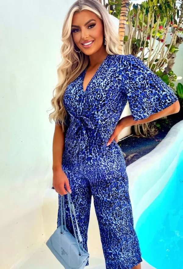 Women VJK Jumpsuits<Elegant Guest Blue Leopard Print Knot Front Jumpsuit