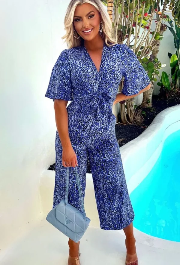 Women VJK Jumpsuits<Elegant Guest Blue Leopard Print Knot Front Jumpsuit