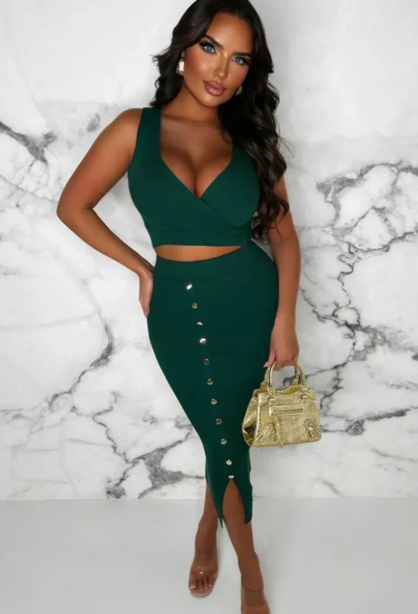 Women MOOCCI Knitwear<Elegant Lover Green Wrap Top Button Midi Skirt Knitted Co-Ord Set