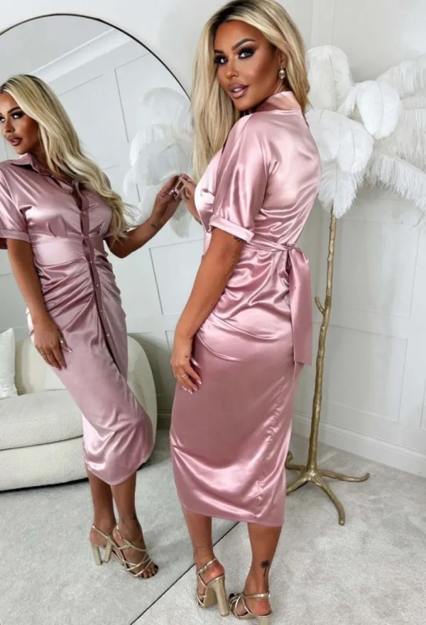 Women Z2 Dresses<Elegant Luxury Blush Pink Stretch Satin Button Ruched Midi Dress